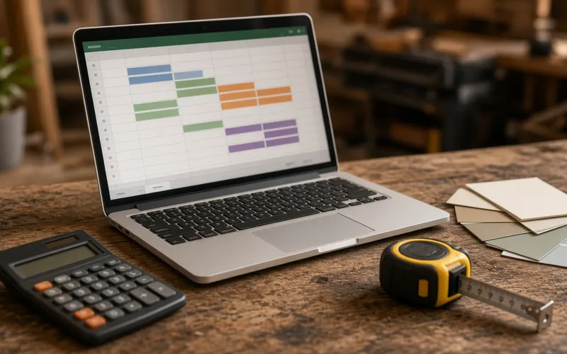 AI-generated image: a laptop showing a spreadsheet beside a calculator and tape measure