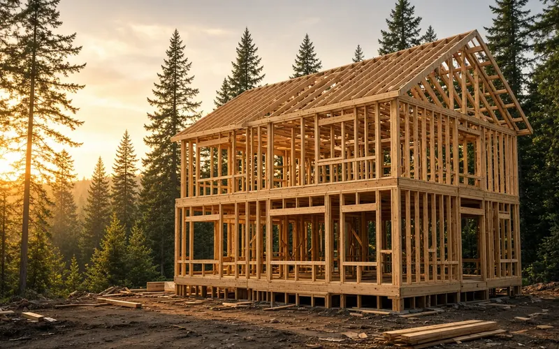 AI-generated image: a wood-framed house under construction among evergreen trees